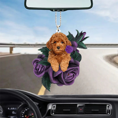 Poodle In Purple Rose Car Hanging Ornament, Dog Hanging Ornament For Car, Christmas Decoration