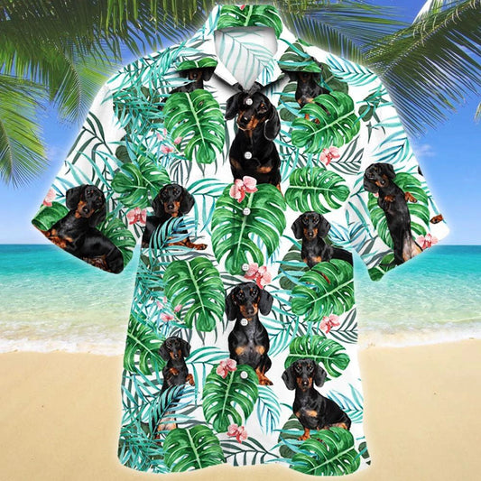 Dachshund Dog Tropical Plant White Theme Hawaiian Shirt, Hawaiian Shirt Gift, Christmas Gift