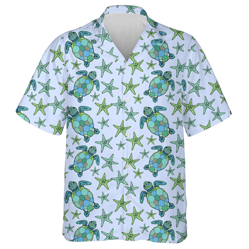 Blue Sea Turtle And Green Starfish Hawaiian Shirt, Hawaiian For Gift