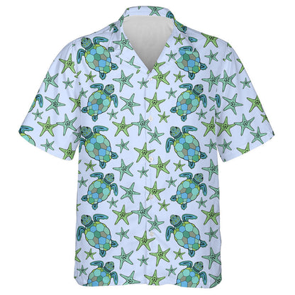 Blue Sea Turtle And Green Starfish Hawaiian Shirt, Hawaiian For Gift
