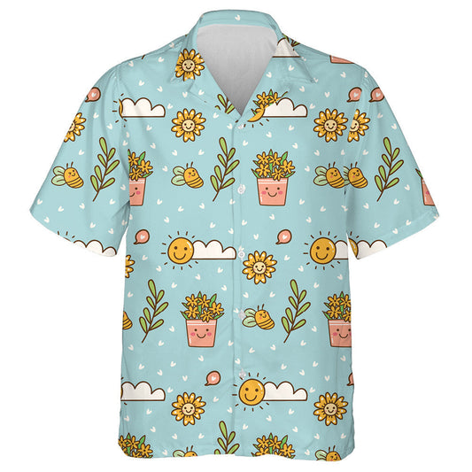 Happy Summer Day With Cartoon Sunflowers Sun And Bees Hawaiian Shirt, Hawaiian Shirt Gift, Christmas Gift