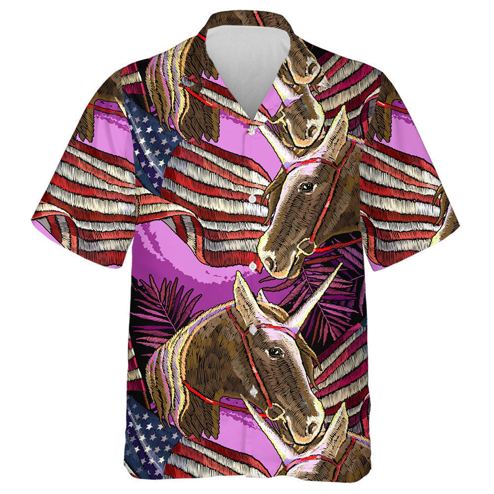 Girly Brown Unicorn With American Flag Embroidery Pattern Hawaiian Shirt, Hawaiian Shirt Gift, Christmas Gift