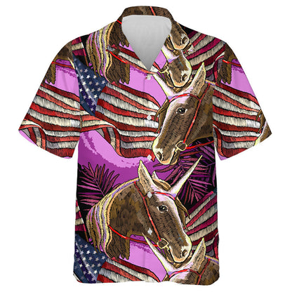 Girly Brown Unicorn With American Flag Embroidery Pattern Hawaiian Shirt, Hawaiian Shirt Gift, Christmas Gift