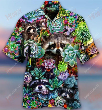 Raccoon Succulent Short Hawaiian Shirt Ocean Hawaiian T Shirts Tactical Hawaiian Shirt Hawaiian Shirts For Women, Hawaiian Shirt Gift, Christmas Gift