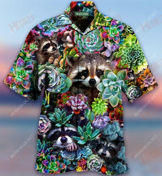 Raccoon Succulent Short Hawaiian Shirt Ocean Hawaiian T Shirts Tactical Hawaiian Shirt Hawaiian Shirts For Women, Hawaiian Shirt Gift, Christmas Gift
