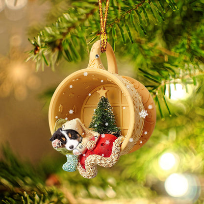 Bernese Mountain Sleeping in a tiny cup Christmas Holiday-Two Sided Christmas Plastic Hanging Ornament, Christmas Ornament Gift, Christmas Gift, Christmas Decoration