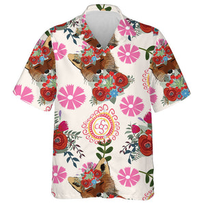 Wolf And Floral On Pink Background Hawaiian Shirt, Hwaiian For Gift