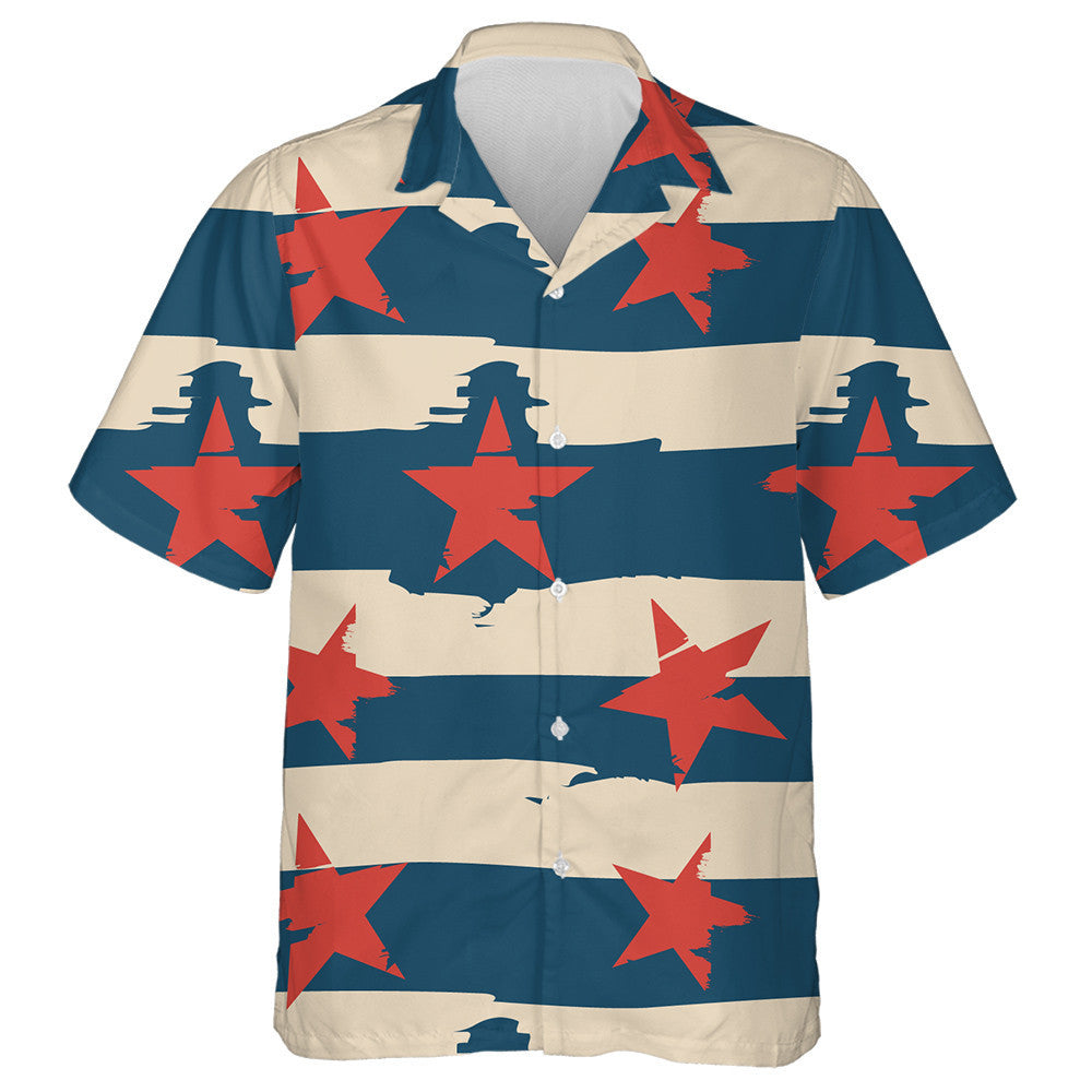 Retro Vintage Blue And Beige Striped With Red Stars Hawaiian Shirt, Hawaiian Shirt Gift, Christmas Gift
