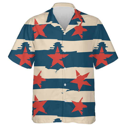 Retro Vintage Blue And Beige Striped With Red Stars Hawaiian Shirt, Hawaiian Shirt Gift, Christmas Gift
