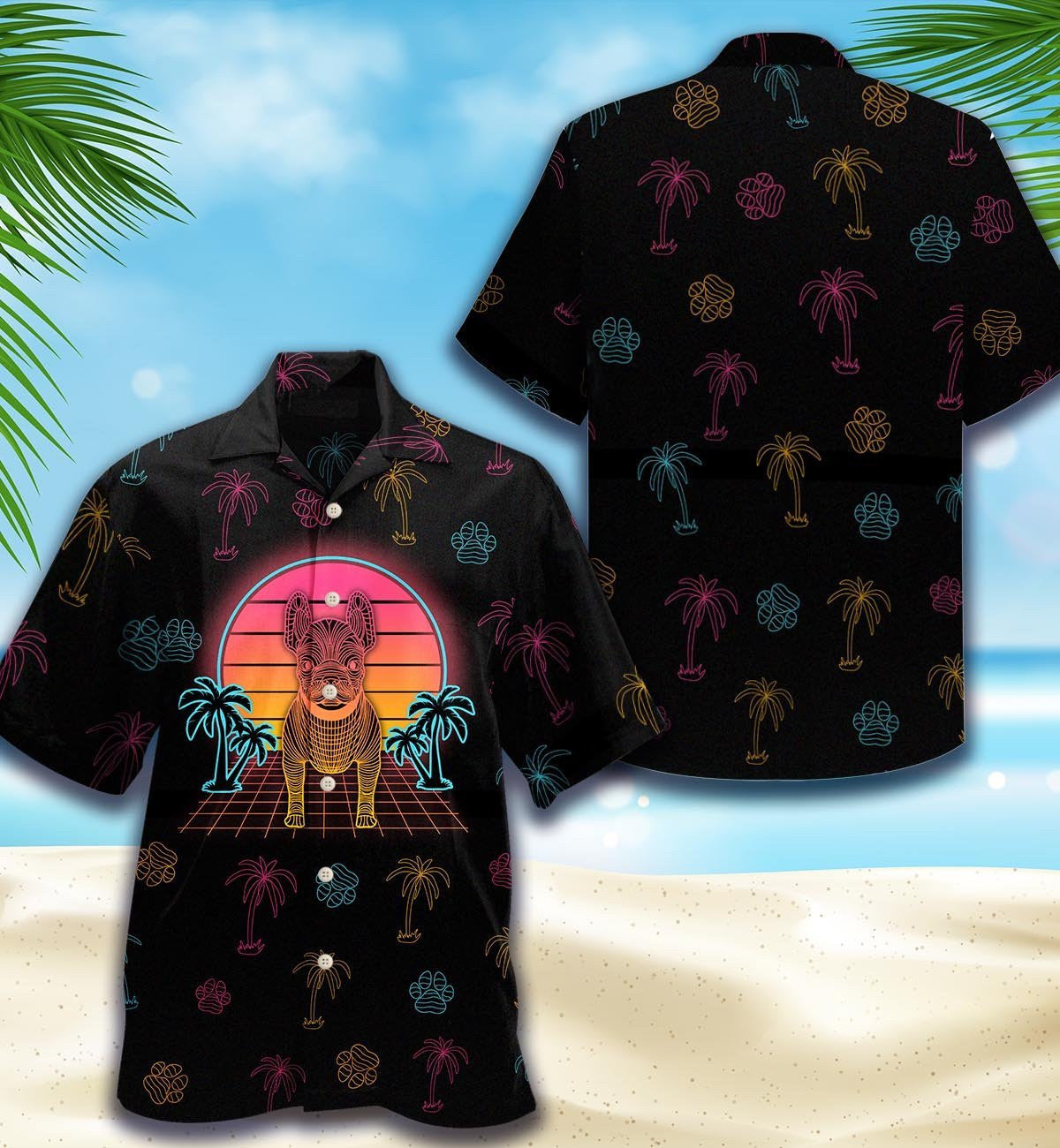 French Bulldog Vintage 80s Summer Pattern Hawaiian Shirt,Hawaiian Shirt Gift, Christmas Gift