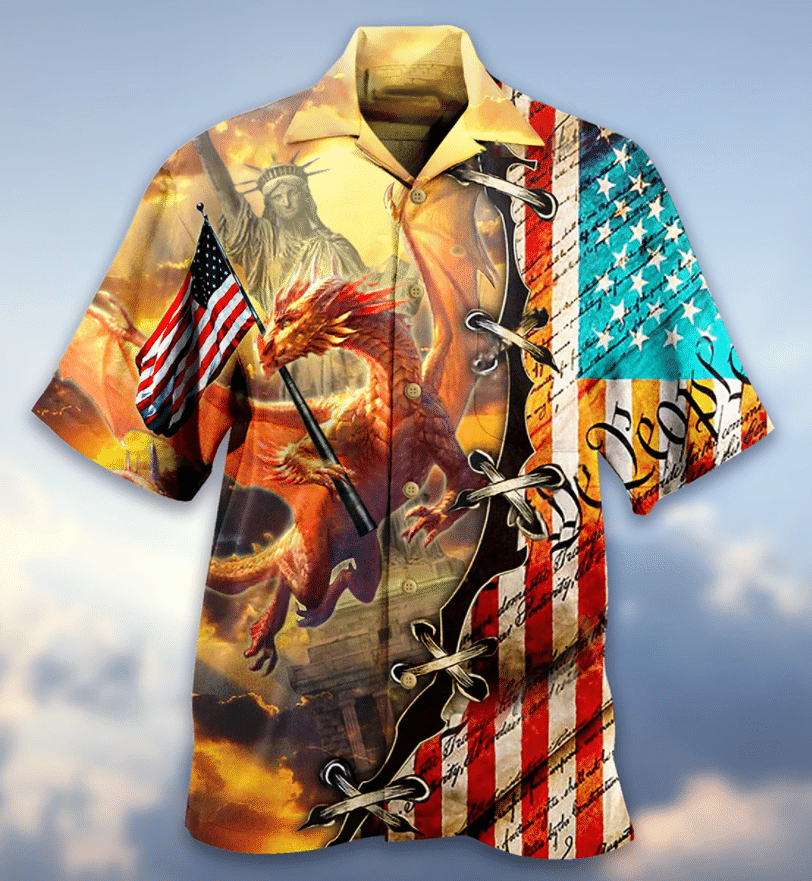 Dragon And America Flag Pattern Hawaiian Shirt, Hawaiian Shirt Gift, Christmas Gift