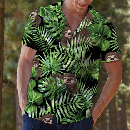 Lovely Sloth With Green Tropical Leaves In Black Hawaiian Shirt, Hawaiian Shirt Gift, Christmas Gift