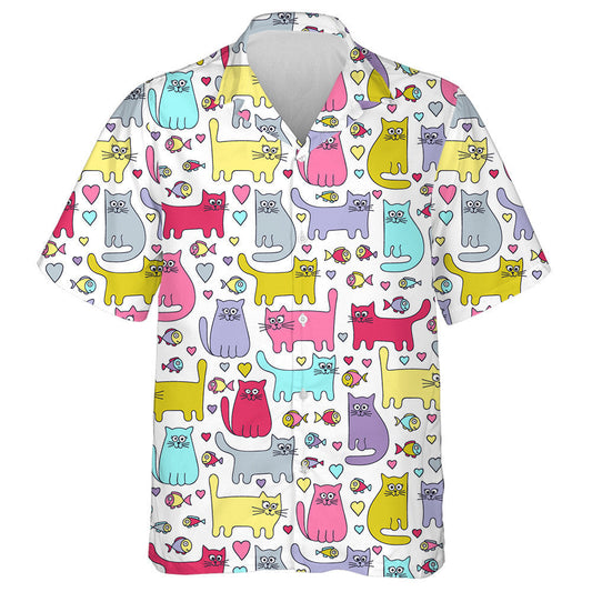 Bright Colors Cats And Fish On White Background Hawaiian Shirt, Hawaiian Shirt Gift, Christmas Gift