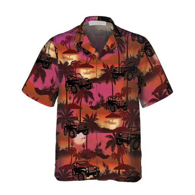 Jeep Tropical Palm Trees Beach At Sunset Pattern Hawaiian Shirt, Hawaiian Shirt Gift, Christmas Gift
