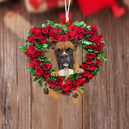 Boxer-Heart Wreath Two Sides Christmas Plastic Hanging Ornament, Christmas Ornament Gift, Christmas Gift, Christmas Decoration