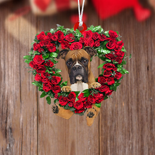 Boxer-Heart Wreath Two Sides Christmas Plastic Hanging Ornament, Christmas Ornament Gift, Christmas Gift, Christmas Decoration