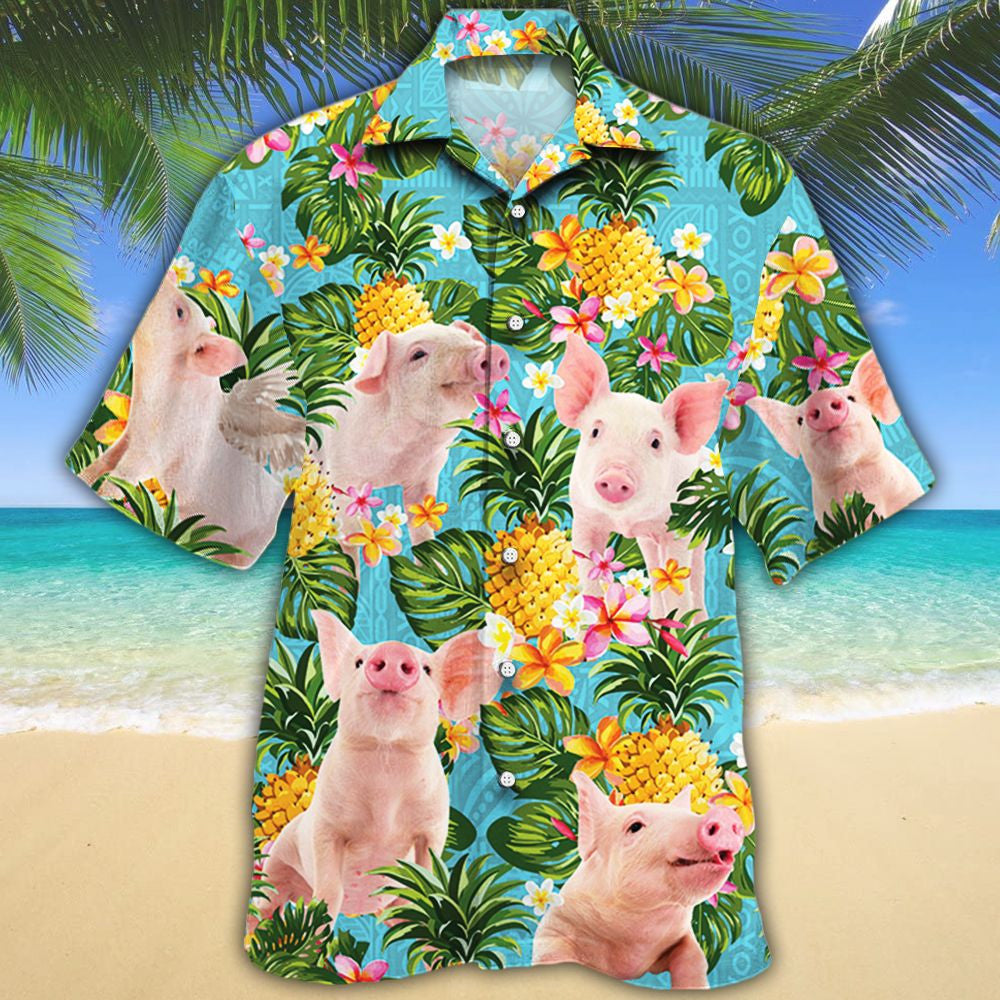 Playful Pig Pineapple Tropical Palm Leaves Pattern Hawaiian Shirt, Hawaiian Shirt Gift, Christmas Gift