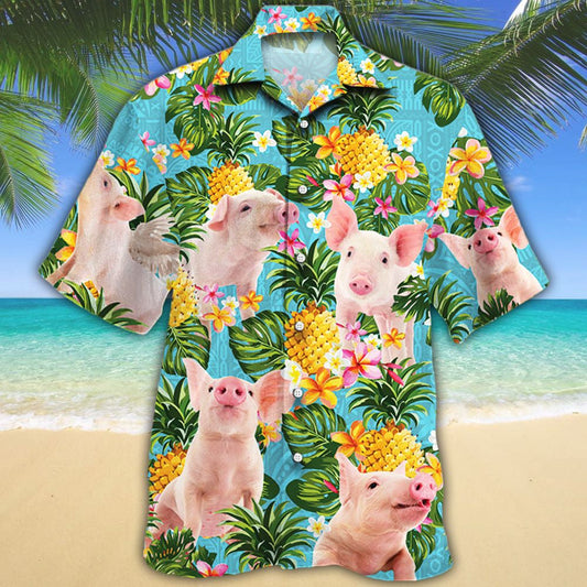 Playful Pig Pineapple Tropical Palm Leaves Pattern Hawaiian Shirt, Hawaiian Shirt Gift, Christmas Gift