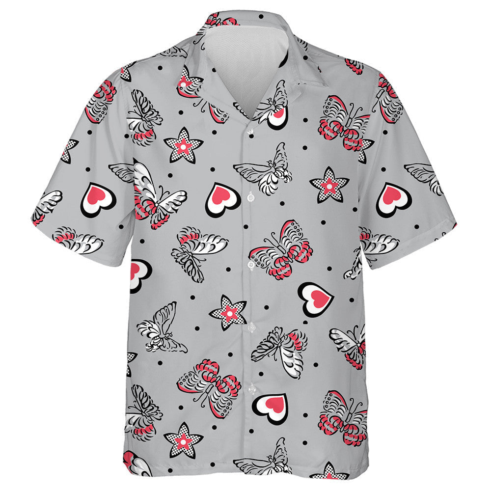 Hand Drawn Butterflies And Hearts With Dotted Stars Hawaiian Shirt, Hawaiian Shirt Gift, Christmas Gift
