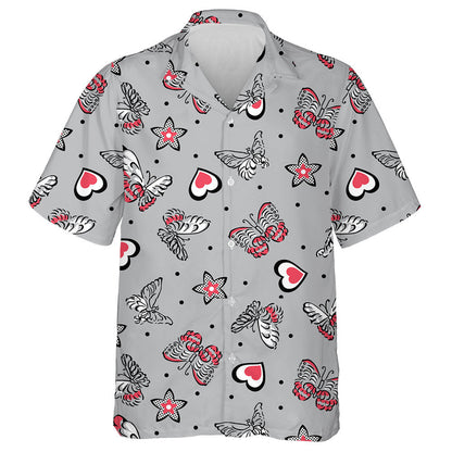 Hand Drawn Butterflies And Hearts With Dotted Stars Hawaiian Shirt, Hawaiian Shirt Gift, Christmas Gift