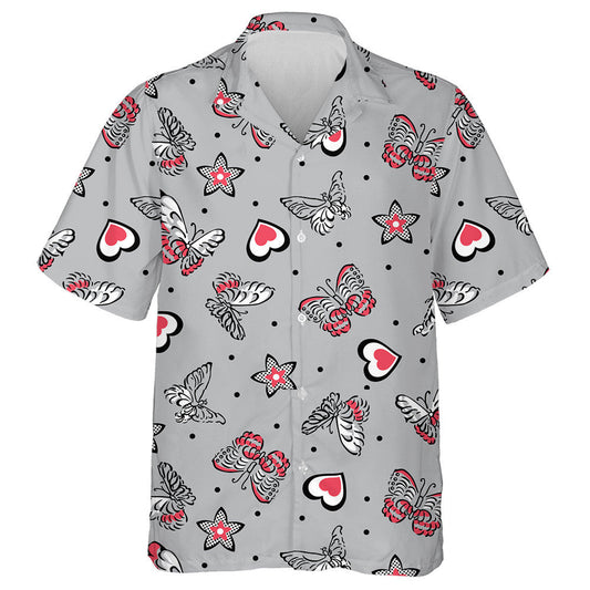 Hand Drawn Butterflies And Hearts With Dotted Stars Hawaiian Shirt, Hawaiian Shirt Gift, Christmas Gift