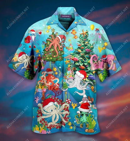 Octopus Merry Xmas Short Short Sleeve Shirt Hobbies Hawaiian T Shirts Best Hawaiian Shirts Hawaiian Shirts For Men, Hawaiian Shirt Gift, Christmas Gift