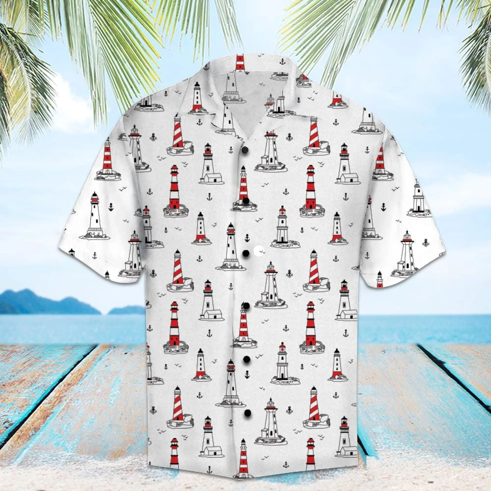 Hand Drawn Amazing Lighthouse On Beige Themed Hawaiian Shirt, Hawaiian Shirt Gift, Christmas Gift