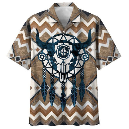 Native American Bull Head With Dreamcatcher Zigzag Pattern Hawaiian Shirt, Hawaiian Shirt Gift, Christmas Gift