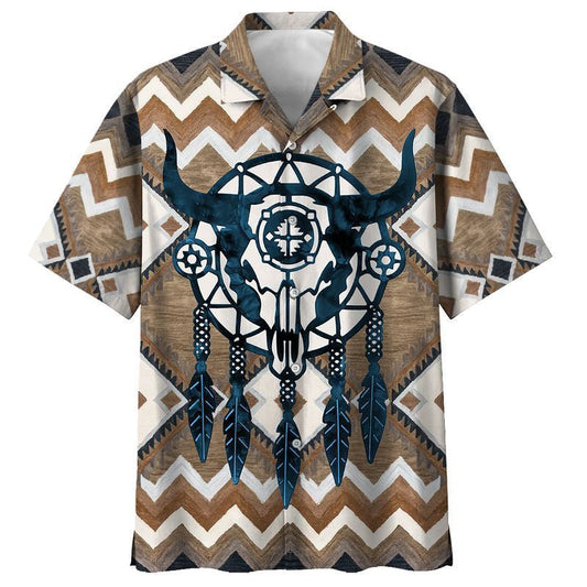 Native American Bull Head With Dreamcatcher Zigzag Pattern Hawaiian Shirt, Hawaiian Shirt Gift, Christmas Gift