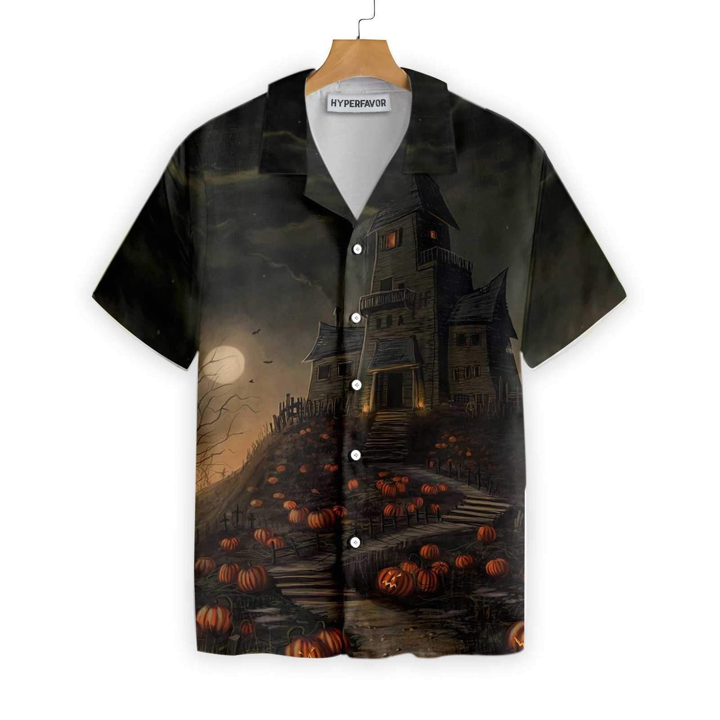 Halloween Haunted House On The Hill With Pumpkin Dramatic Hawaiian Shirt, Hawaiian Shirt Gift, Christmas Gift