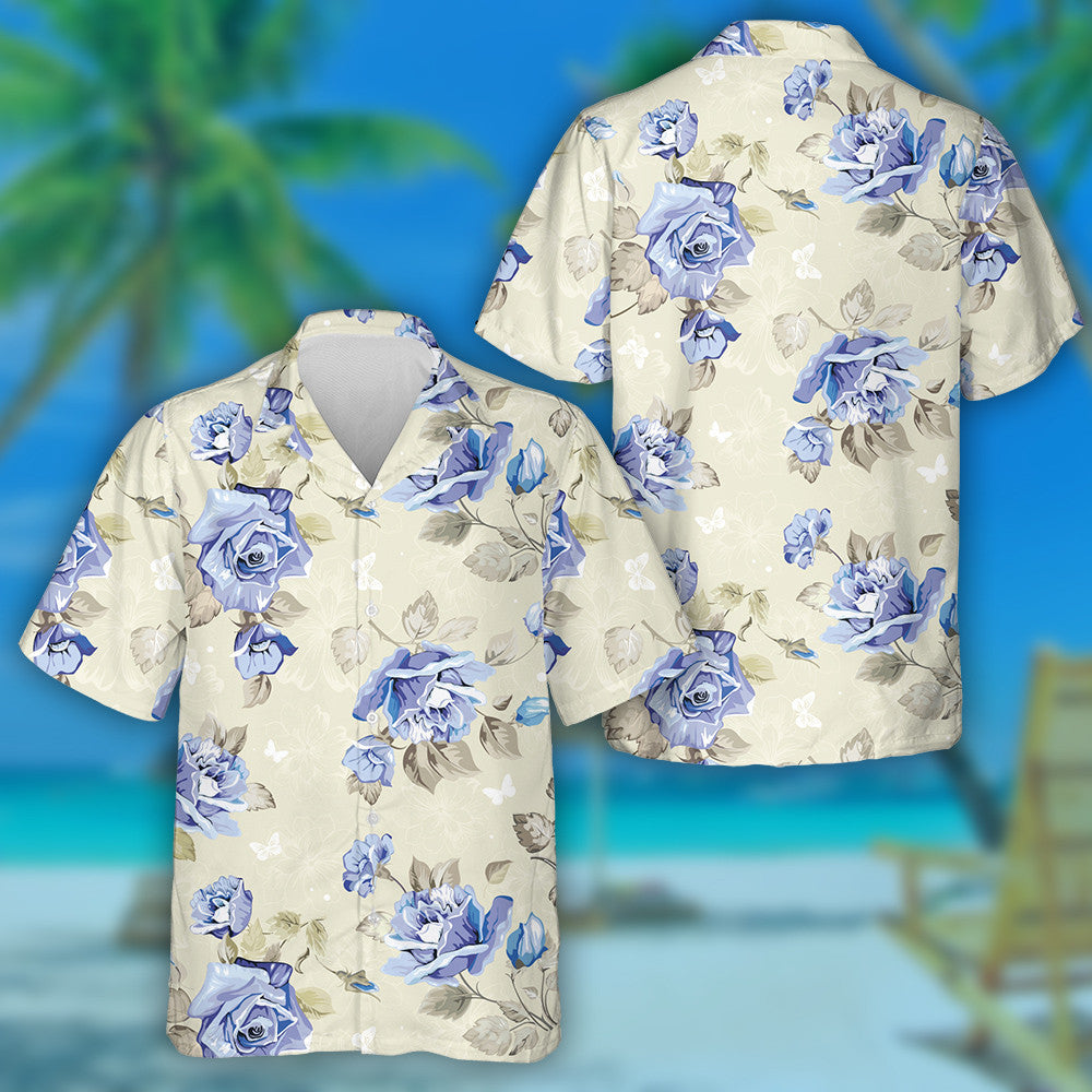 Impressive Blue Roses Branch With Little Butterflies Pattern Hawaiian Shirt , Hawaiian Shirt Gift, Christmas Gift