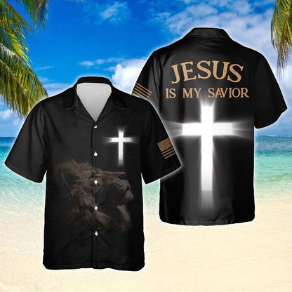 Lion And Bright Cross Pattern Jesus Is My Savior Hawaiian Shirt, Hawaiian Shirt Gift, Christmas Gift