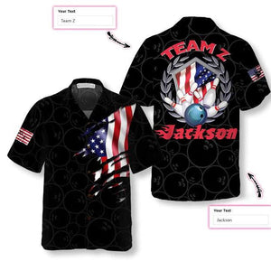 Bowling Team American Flag Black Background Custom Name Hawaiian Shirt, Hawaiian Shirt Gift, Christmas Gift