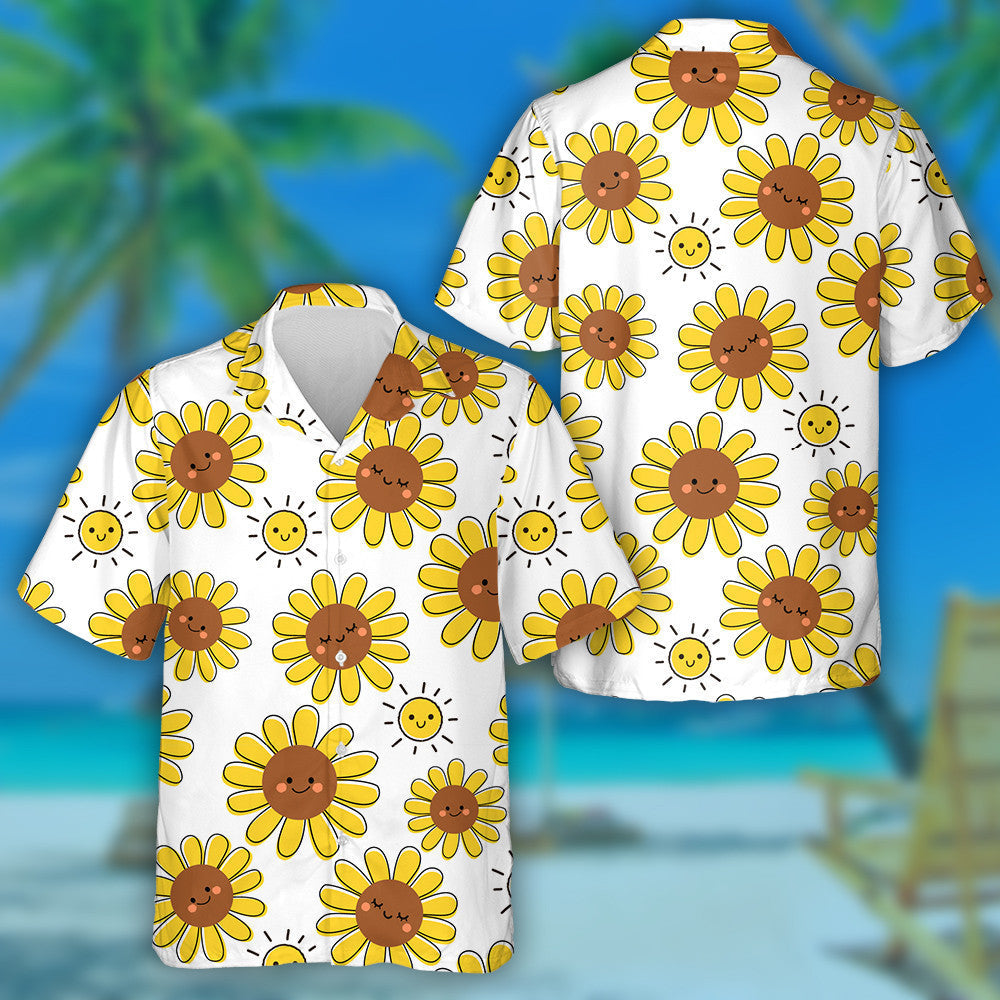 Happy Childish Cartoon Smiling Sun And Sunflower Pattern Hawaiian Shirt, Hawaiian Shirt Gift, Christmas Gift