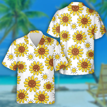 Happy Childish Cartoon Smiling Sun And Sunflower Pattern Hawaiian Shirt, Hawaiian Shirt Gift, Christmas Gift