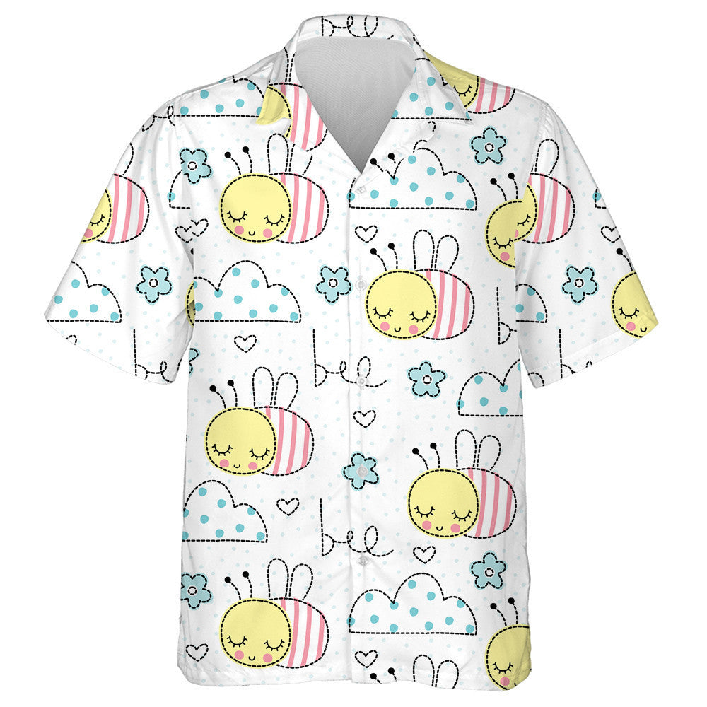 Hand Drawn Bees Clouds And Flowers Hawaiian Shirt, Hawaiian For Gift