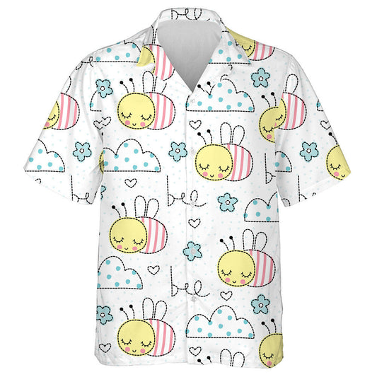 Hand Drawn Bees Clouds And Flowers Hawaiian Shirt, Hawaiian For Gift