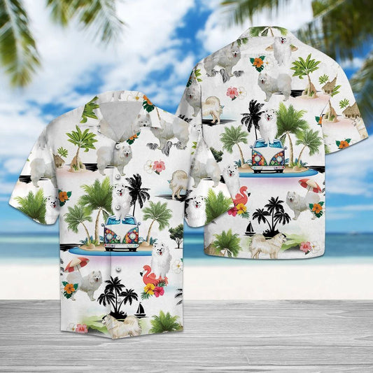 Hippie Van With Fluffy Samoyed Vacation On Island Hawaiian Shirt, Hawaiian Shirt Gift, Christmas Gift
