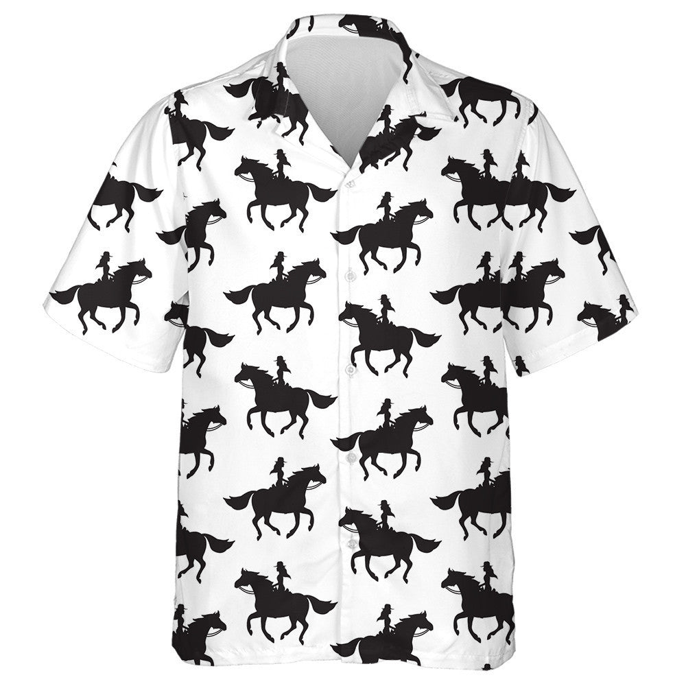Cowboy Girl Woman Riding Running Horse Silhouette Hawaiian Shirt, Hawaiian Shirt Gift, Christmas Gift