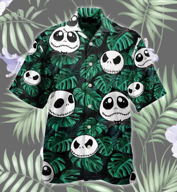 Funny Jack Skellington Pattern With Tropical Green Leaves Hawaiian Shirt, Hawaiian Shirt Gift, Christmas Gift