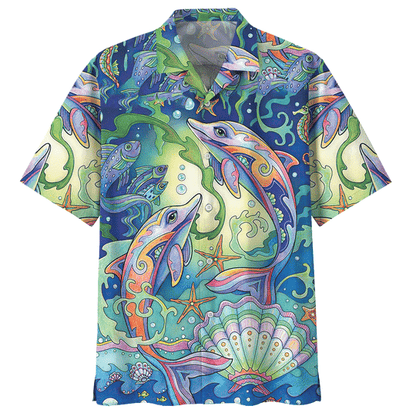 Cute Dolphin Dancing Under The Ocean Hawaiian Shirt,Hawaiian Shirt Gift, Christmas Gift