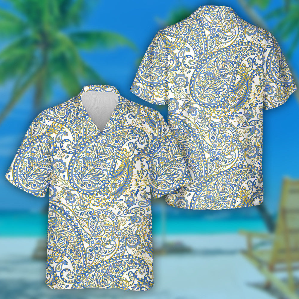 Paisley Damask Flower Branches In Blue And Beige Pattern Hawaiian Shirt, Hawaiian Shirt Gift, Christmas Gift