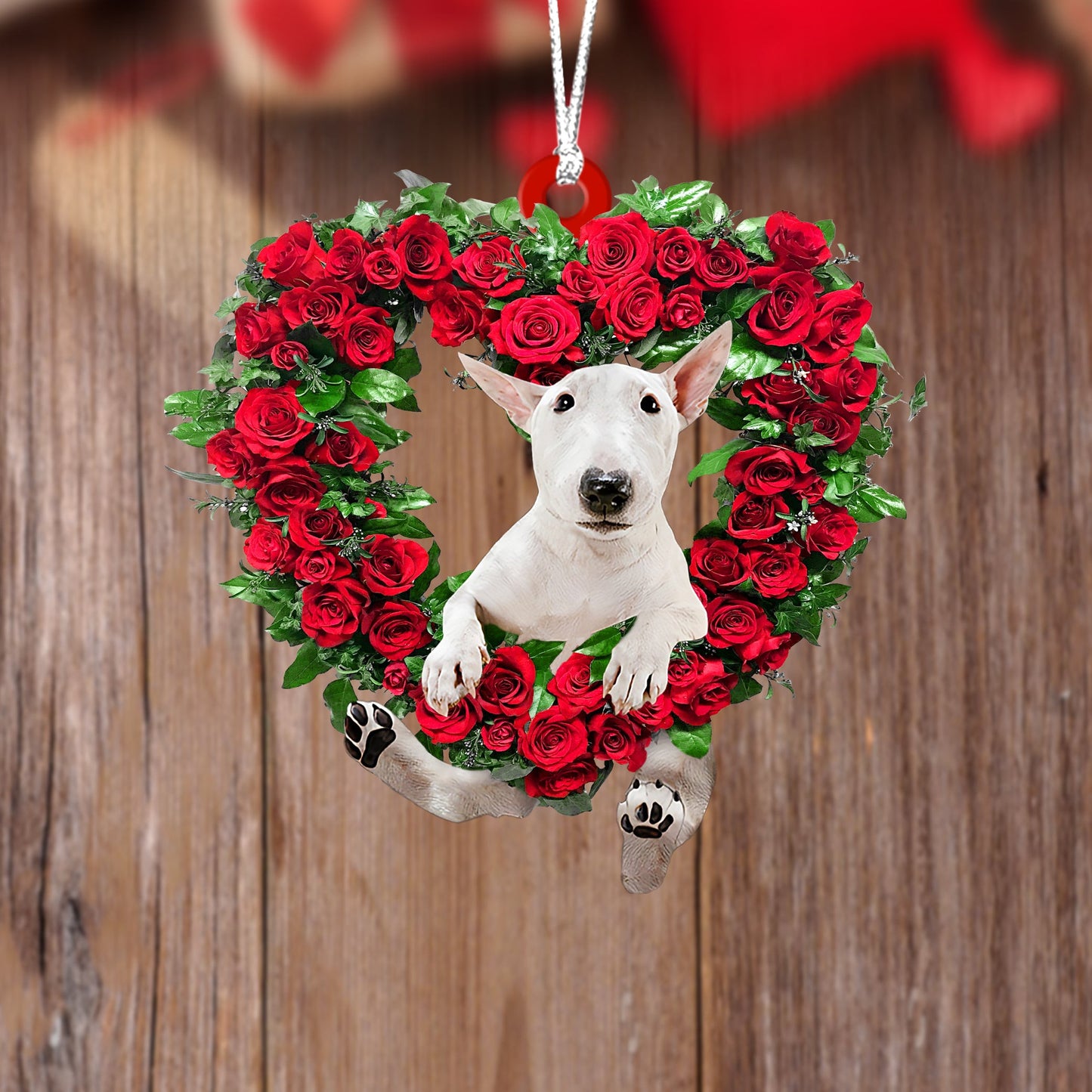 Bull Terrier-Heart Wreath Two Sides Christmas Plastic Hanging Ornament, Happy Christmas Ornament, Christmas Gift, Christmas Decoration