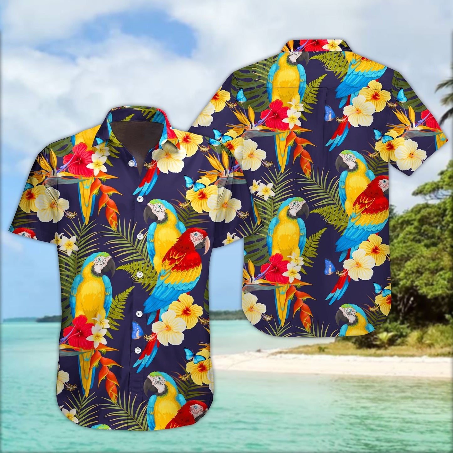 Summer Macaw And Flowers Hawaiian Aloha Shirt Hawaiian Shorts Beach Short Shirt, Hawaiian Shirt Gift, Christmas Gift