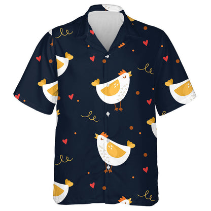 Cute Cartoon Chicken And Hearts On Black Background Hawaiian Shirt, Hawaiian Shirt Gift, Christmas Gift