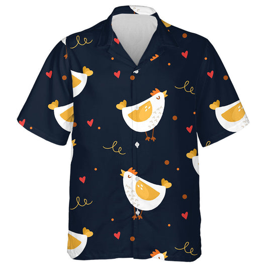 Cute Cartoon Chicken And Hearts On Black Background Hawaiian Shirt, Hawaiian Shirt Gift, Christmas Gift