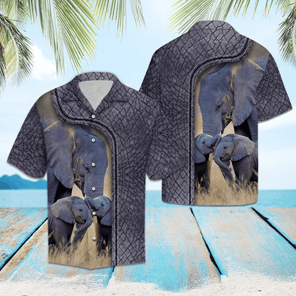 Elephant Family On Grass Pattern Vintage Leather Hawaiian Shirt, Hawaiian Shirt Gift, Christmas Gift