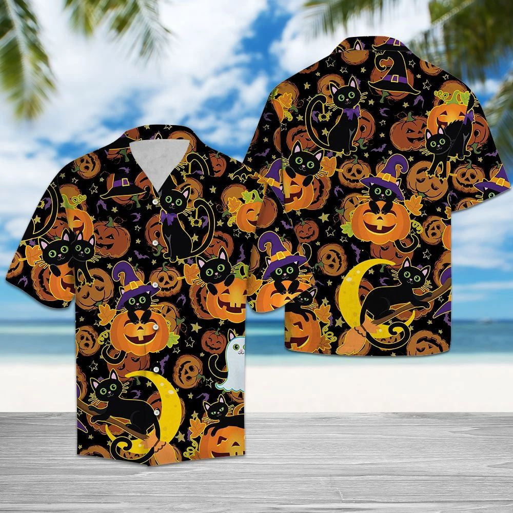 Cute Witch Black Cat Halloween Pumpkin Pattern Hawaiian Shirt, Hawaiian Shirt Gift, Christmas Gift