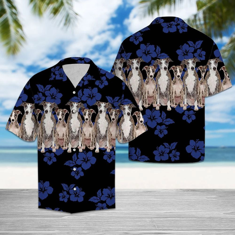 Pretty Whippet Dogs With Blue Hibiscus In Black Hawaiian Shirt, Hawaiian Shirt Gift, Christmas Gift