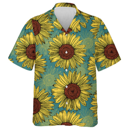 Naturalistic Yellow Orange Flowers On Mint Blue Background Hawaiian Shirt, Hawaiian Shirt Gift, Christmas Gift